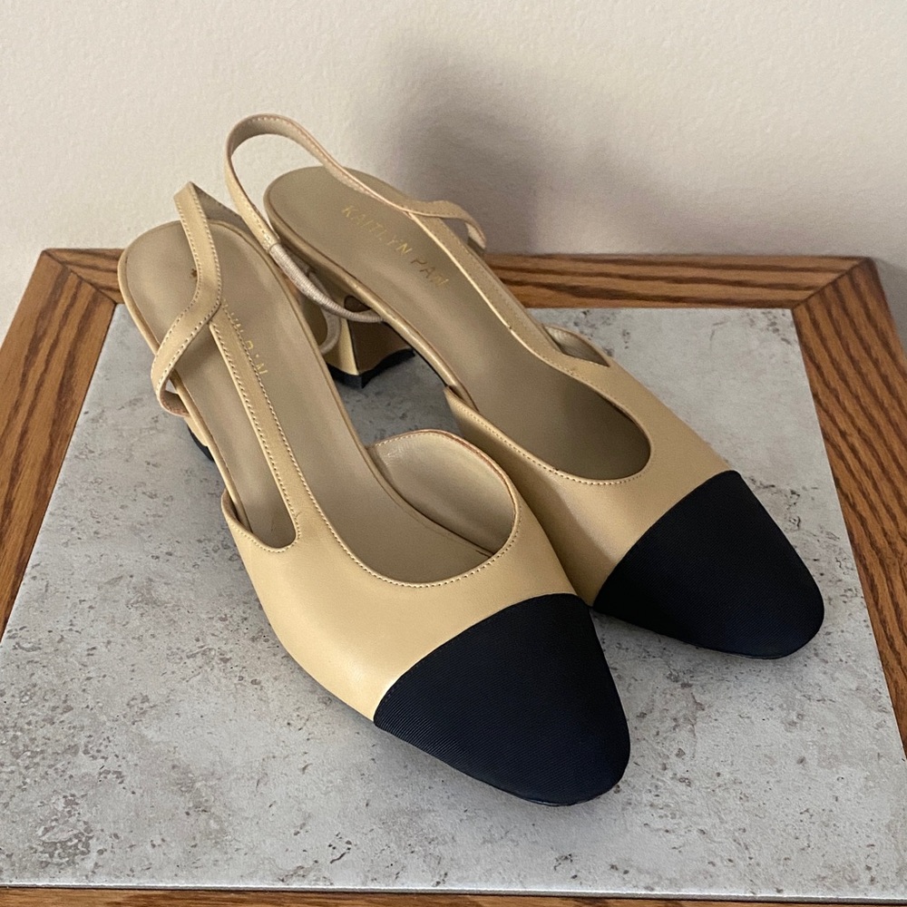 Kaitlyn Pan Black Beige Cap Toe Slingback Pumps Size 10